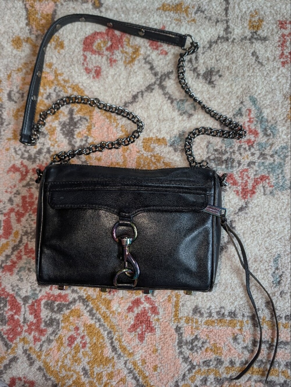 Rebecca Minkoff Women's Black Leather Chain Crossbody Iridescent Hardware